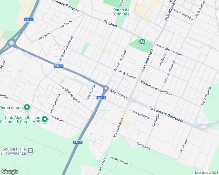 map of restaurants, bars, coffee shops, grocery stores, and more near 18 Via Cattani in Carpi