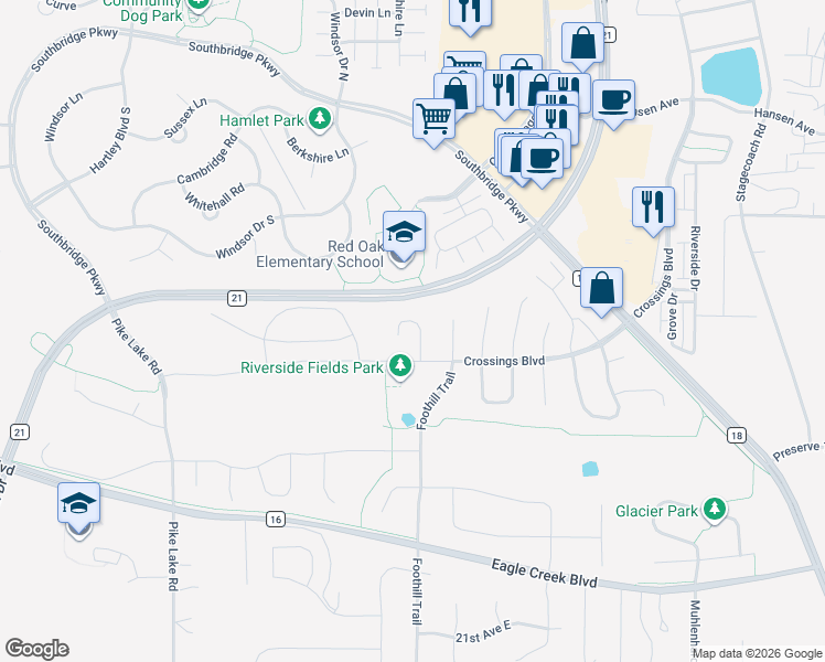map of restaurants, bars, coffee shops, grocery stores, and more near 1750 Fox Run in Shakopee