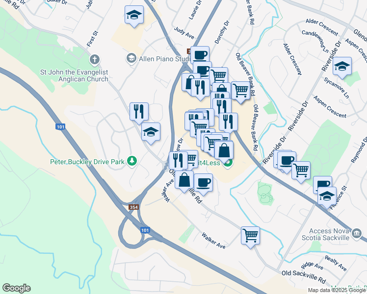 map of restaurants, bars, coffee shops, grocery stores, and more near Touchstone Court in Lower Sackville