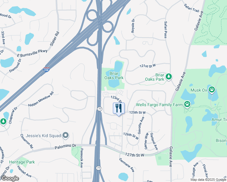 map of restaurants, bars, coffee shops, grocery stores, and more near 7455 123rd Street in Apple Valley