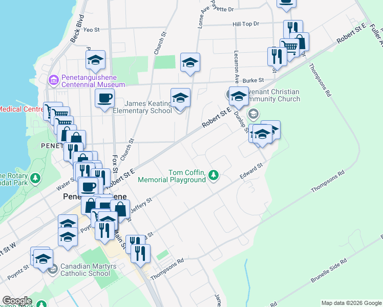 map of restaurants, bars, coffee shops, grocery stores, and more near 16 Bridle Road in Penetanguishene