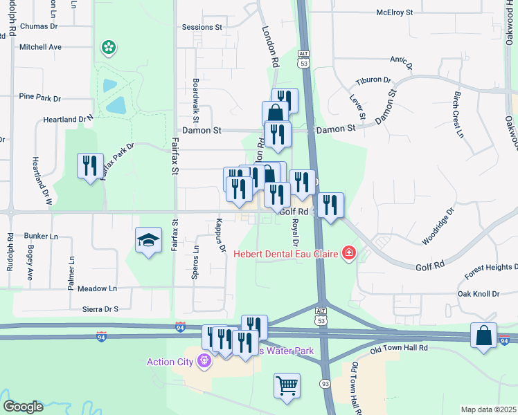 map of restaurants, bars, coffee shops, grocery stores, and more near Golf Rd & London Rd in Eau Claire