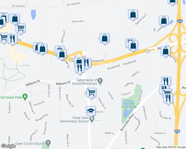 map of restaurants, bars, coffee shops, grocery stores, and more near 7359 Greenwood Drive in Burnsville