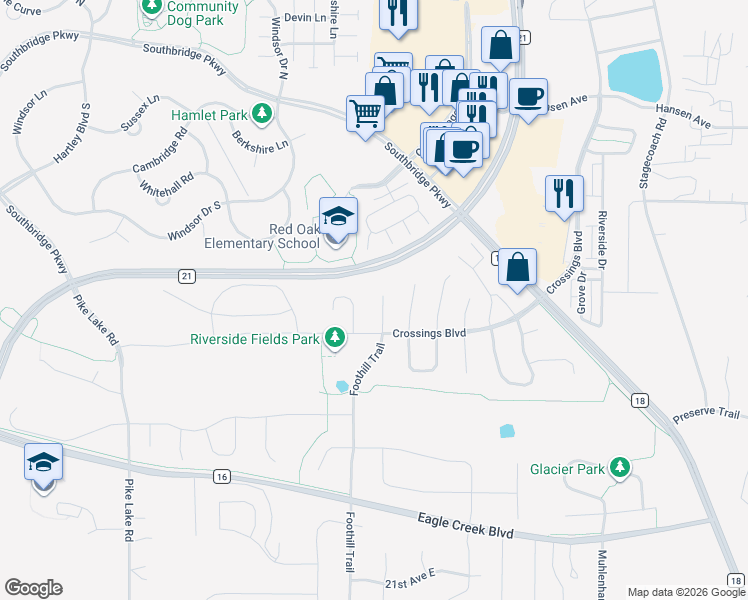 map of restaurants, bars, coffee shops, grocery stores, and more near 1772 Rye Court in Shakopee