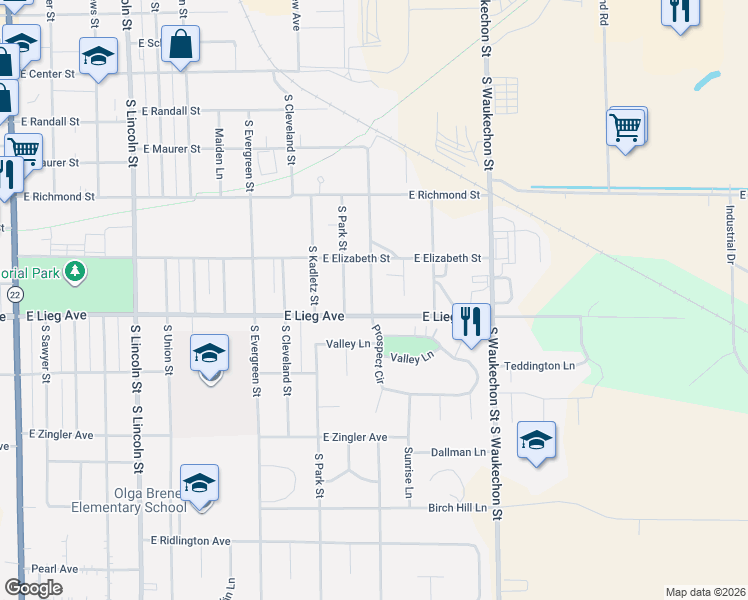 map of restaurants, bars, coffee shops, grocery stores, and more near 940 South Prospect Street in Shawano