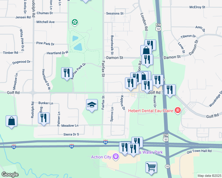 map of restaurants, bars, coffee shops, grocery stores, and more near 2327 Tony Court in Eau Claire
