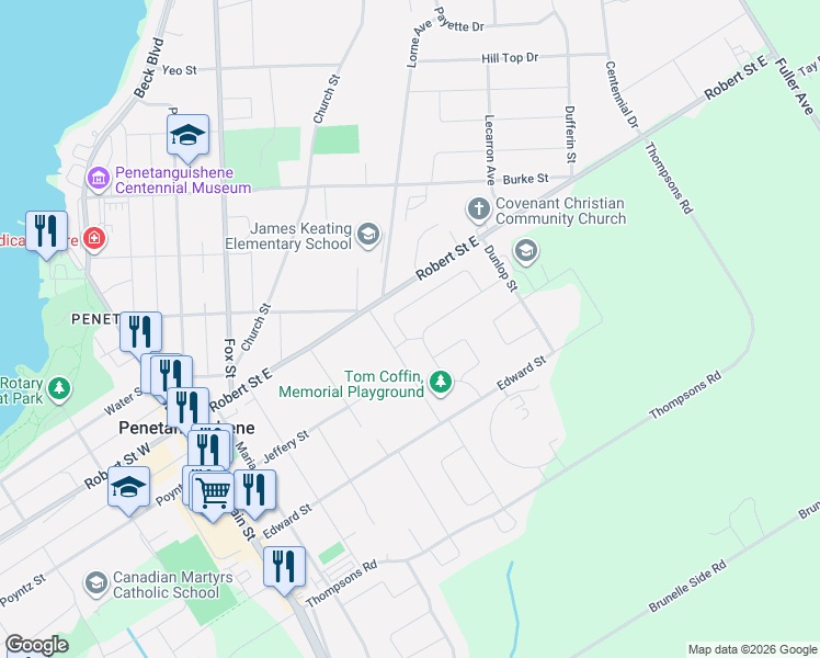 map of restaurants, bars, coffee shops, grocery stores, and more near 15 Bridle Road in Penetanguishene
