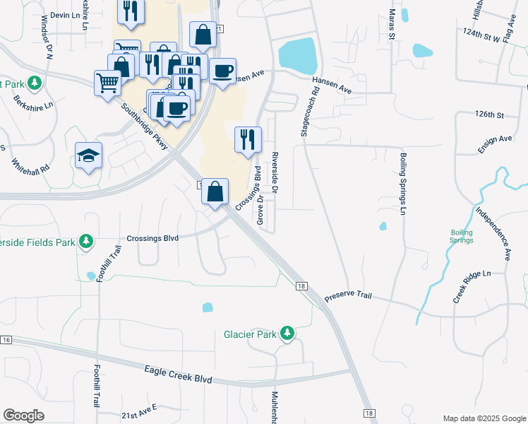map of restaurants, bars, coffee shops, grocery stores, and more near 1750 Riverside Drive in Shakopee