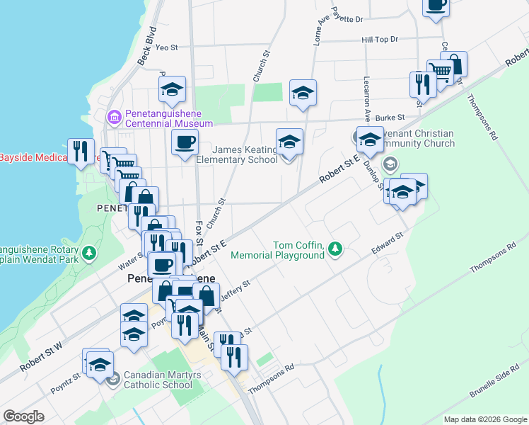 map of restaurants, bars, coffee shops, grocery stores, and more near 45 Robert Street East in Penetanguishene