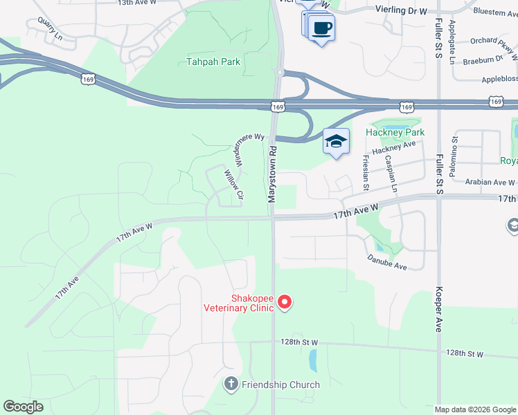 map of restaurants, bars, coffee shops, grocery stores, and more near 1655 Willow Circle in Shakopee