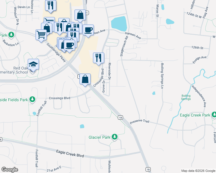 map of restaurants, bars, coffee shops, grocery stores, and more near 1750 Riverside Drive in Shakopee