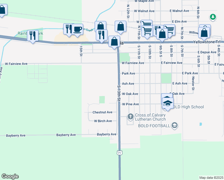 map of restaurants, bars, coffee shops, grocery stores, and more near 502 South 13th Street in Olivia