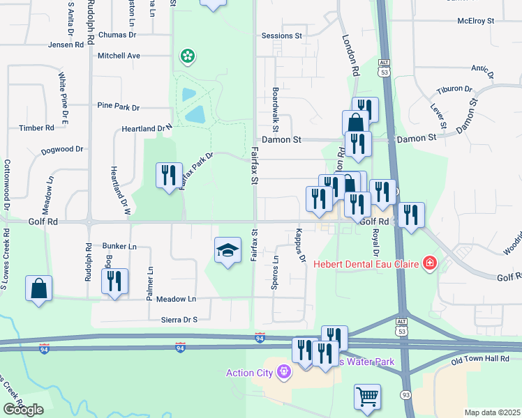 map of restaurants, bars, coffee shops, grocery stores, and more near 4415 Fairfax Street in Eau Claire