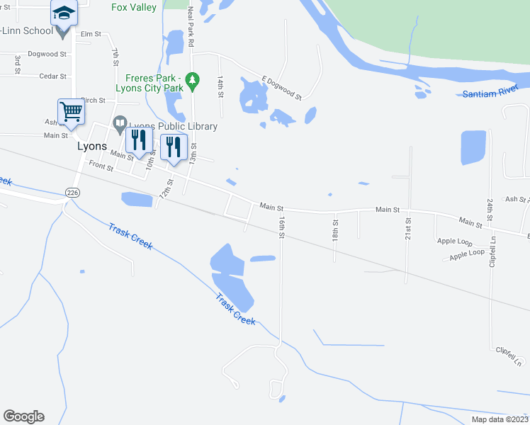 map of restaurants, bars, coffee shops, grocery stores, and more near 1514 Main Street in Lyons