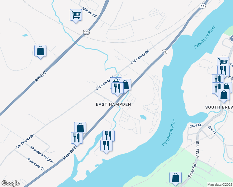map of restaurants, bars, coffee shops, grocery stores, and more near 674 Main Road North in Hampden
