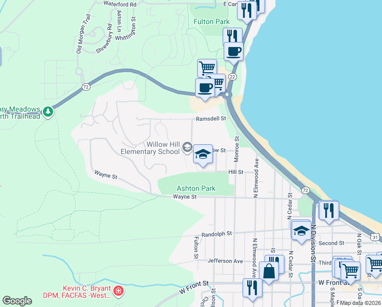 map of restaurants, bars, coffee shops, grocery stores, and more near 1250 Hill Street in Traverse City