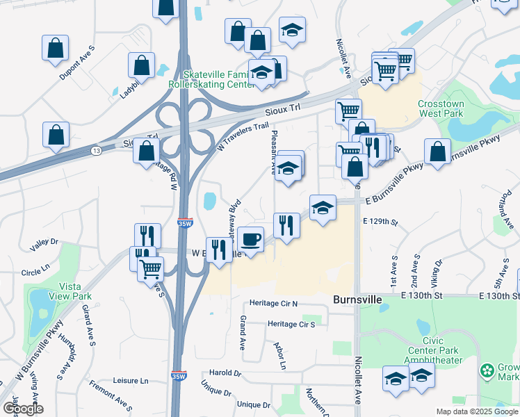 map of restaurants, bars, coffee shops, grocery stores, and more near 301 Concorde Place in Burnsville