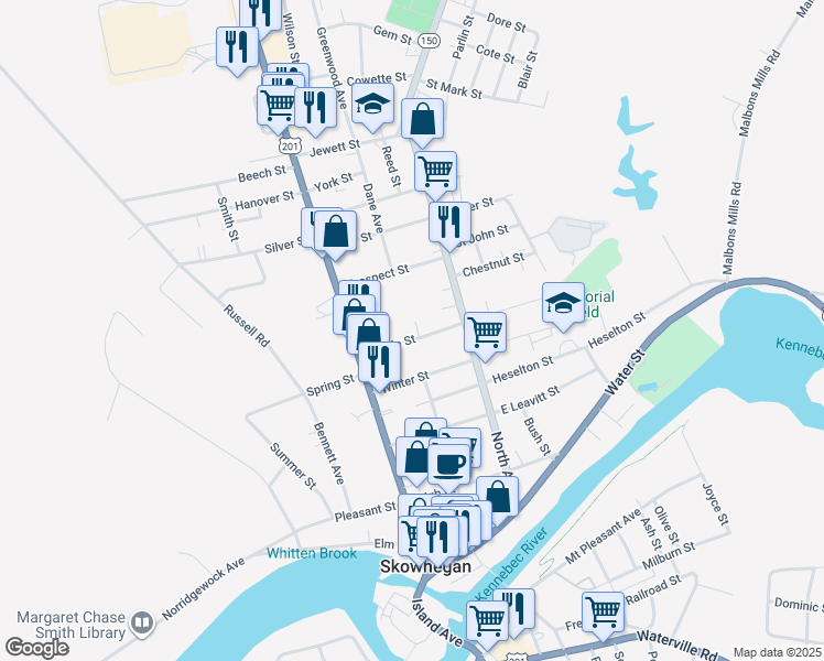 map of restaurants, bars, coffee shops, grocery stores, and more near 26 Maple Street in Skowhegan