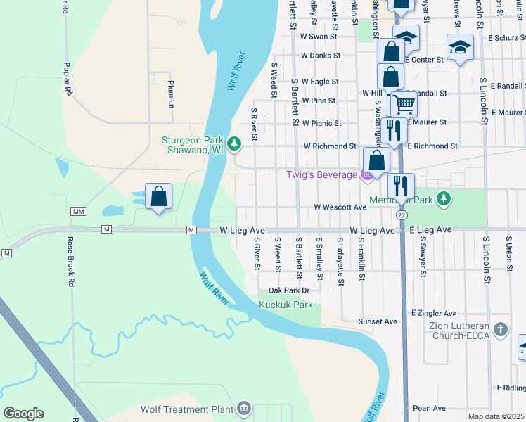 map of restaurants, bars, coffee shops, grocery stores, and more near 941 South Weed Street in Shawano