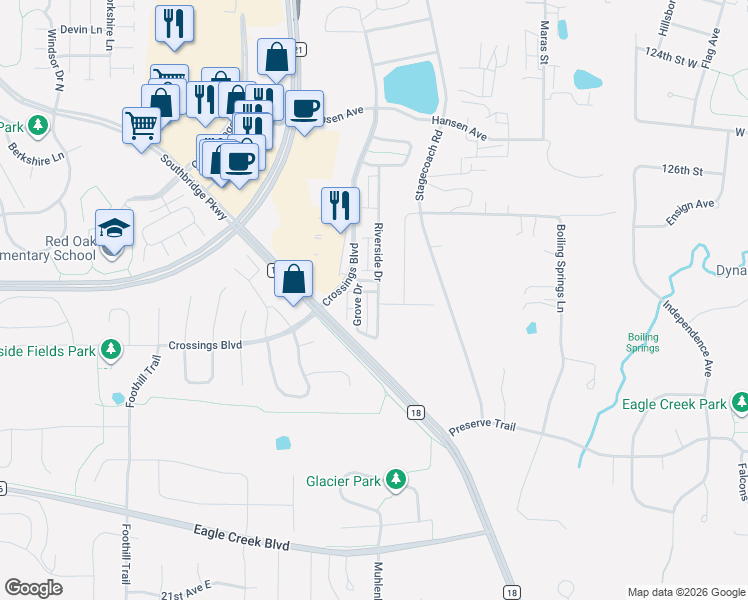 map of restaurants, bars, coffee shops, grocery stores, and more near 1756 Riverside Drive in Shakopee