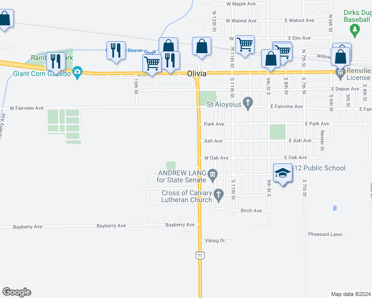 map of restaurants, bars, coffee shops, grocery stores, and more near 502 South 13th Street in Olivia