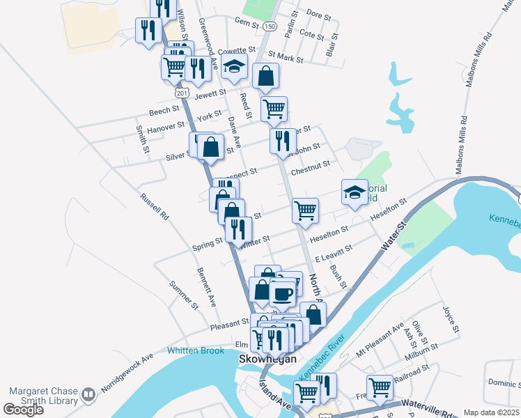 map of restaurants, bars, coffee shops, grocery stores, and more near 26 Maple Street in Skowhegan