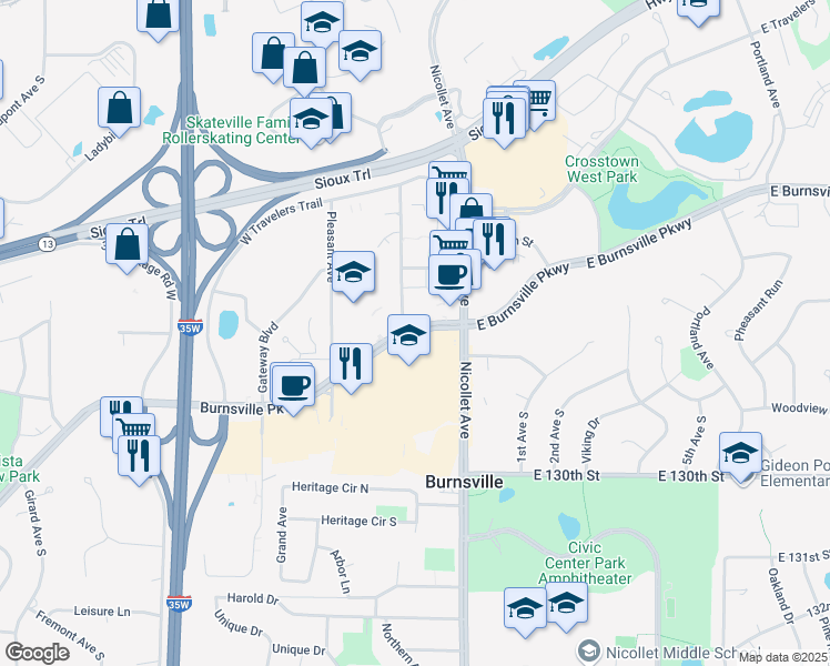 map of restaurants, bars, coffee shops, grocery stores, and more near 137 West Burnsville Parkway in Burnsville