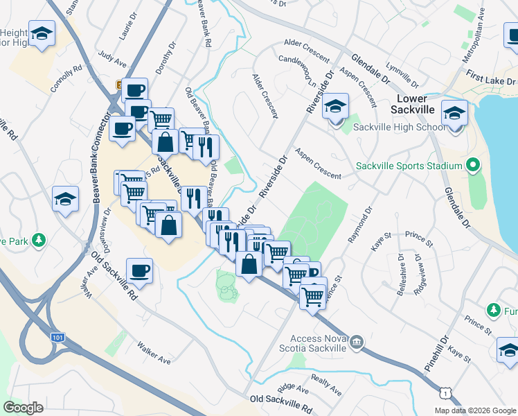 map of restaurants, bars, coffee shops, grocery stores, and more near 23 Riverside Drive in Lower Sackville