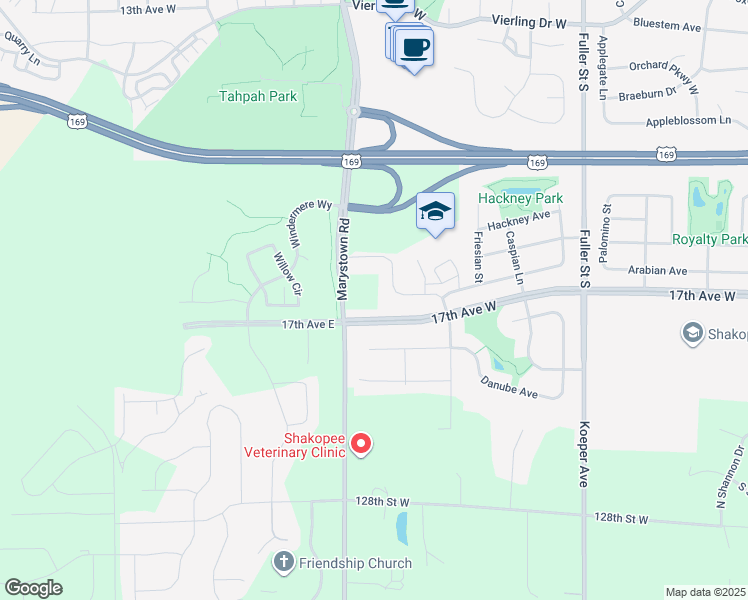 map of restaurants, bars, coffee shops, grocery stores, and more near 12321 Marystown Road in Shakopee