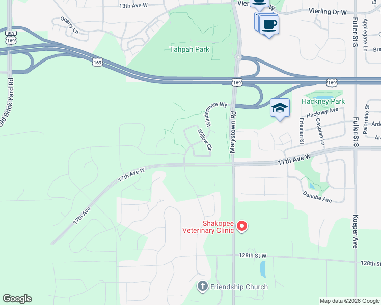 map of restaurants, bars, coffee shops, grocery stores, and more near 1626 Windigo Lane in Shakopee
