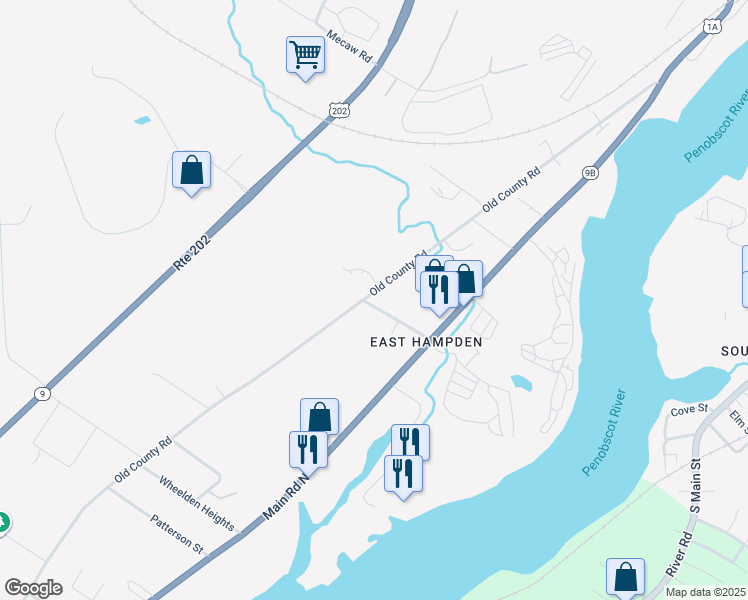 map of restaurants, bars, coffee shops, grocery stores, and more near 287 Old County Road in Hampden