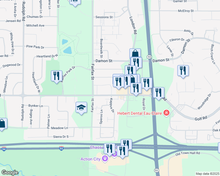 map of restaurants, bars, coffee shops, grocery stores, and more near 2526 Golf Road in Eau Claire