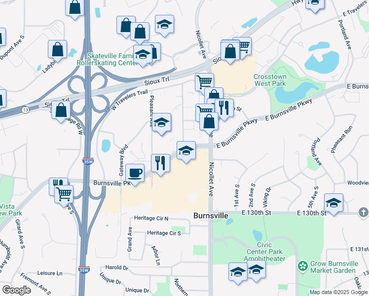 map of restaurants, bars, coffee shops, grocery stores, and more near 168 Burnsville Parkway in Burnsville