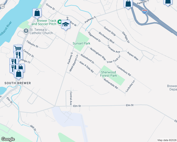 map of restaurants, bars, coffee shops, grocery stores, and more near 41 Alan A Dale Road in Brewer