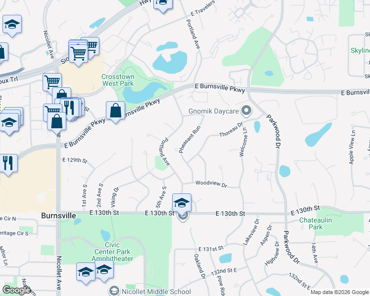 map of restaurants, bars, coffee shops, grocery stores, and more near 12733 Pheasant Run in Burnsville