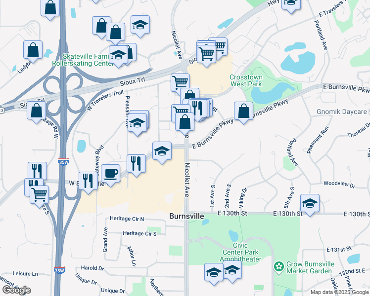 map of restaurants, bars, coffee shops, grocery stores, and more near Nicollet Ave & E Burnsville Pkwy in Burnsville