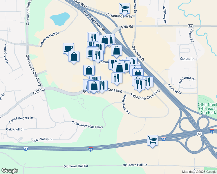 map of restaurants, bars, coffee shops, grocery stores, and more near 4650 Keystone Crossing in Eau Claire