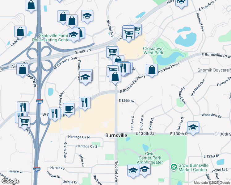 map of restaurants, bars, coffee shops, grocery stores, and more near W Burnsville Pkwy & Nicollet Ave in Burnsville