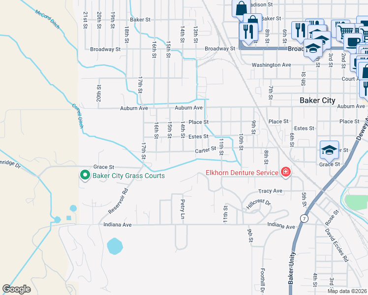 map of restaurants, bars, coffee shops, grocery stores, and more near 1410 14th Street in Baker City
