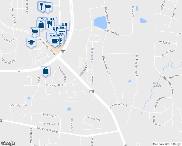 map of restaurants, bars, coffee shops, grocery stores, and more near 1750 Riverside Drive in Shakopee
