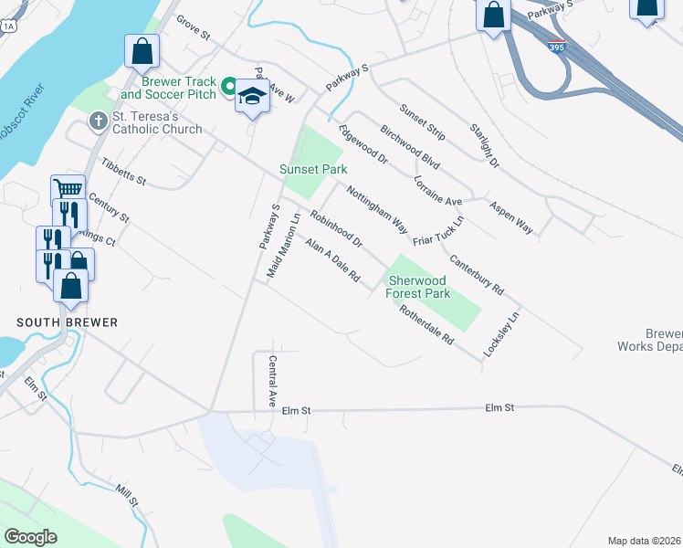 map of restaurants, bars, coffee shops, grocery stores, and more near 41 Alan A Dale Road in Brewer