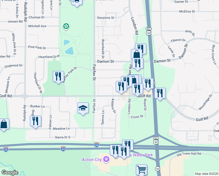 map of restaurants, bars, coffee shops, grocery stores, and more near 2526 Golf Road in Eau Claire