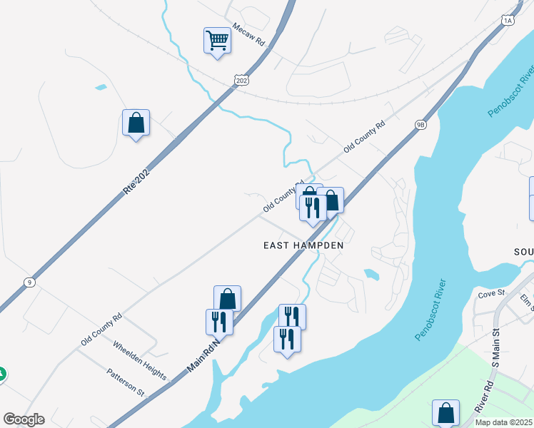 map of restaurants, bars, coffee shops, grocery stores, and more near 287 Old County Road in Hampden