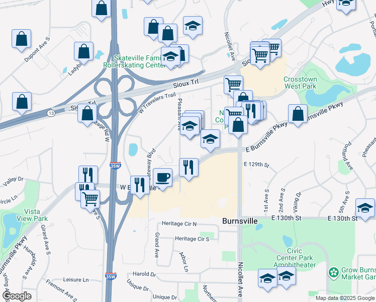 map of restaurants, bars, coffee shops, grocery stores, and more near 202 Burnsville Parkway in Burnsville