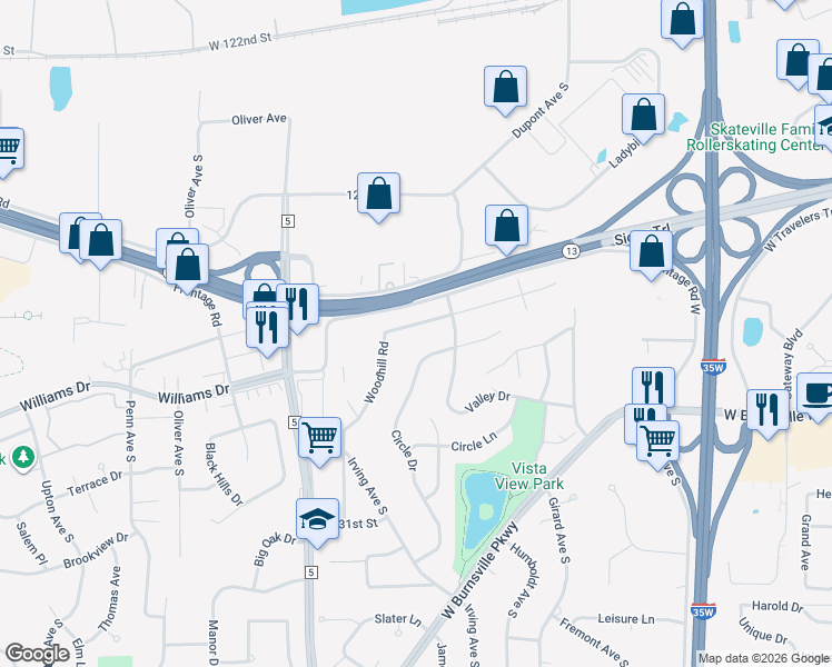 map of restaurants, bars, coffee shops, grocery stores, and more near 1445 Woodhill Road in Burnsville