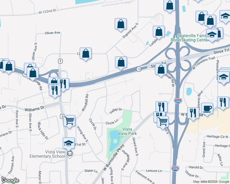map of restaurants, bars, coffee shops, grocery stores, and more near 1400 Circle Drive in Burnsville