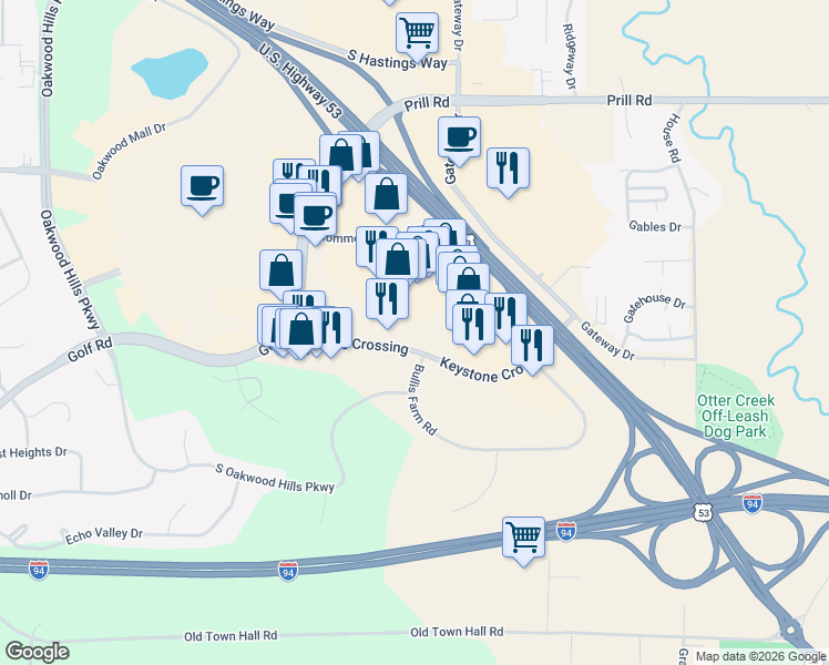 map of restaurants, bars, coffee shops, grocery stores, and more near 4740 Keystone Crossing in Eau Claire
