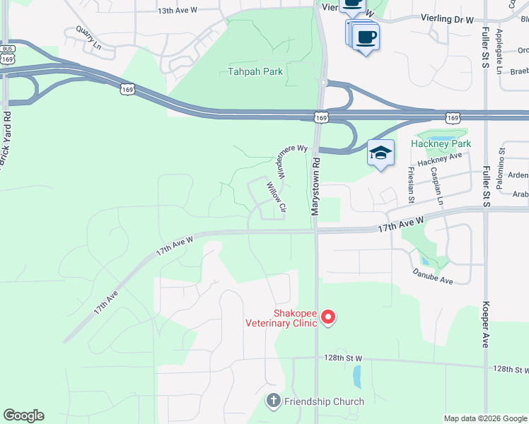 map of restaurants, bars, coffee shops, grocery stores, and more near 1626 Windigo Lane in Shakopee