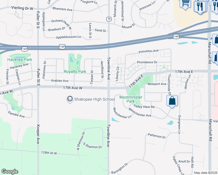 map of restaurants, bars, coffee shops, grocery stores, and more near 1269 17th Avenue East in Shakopee