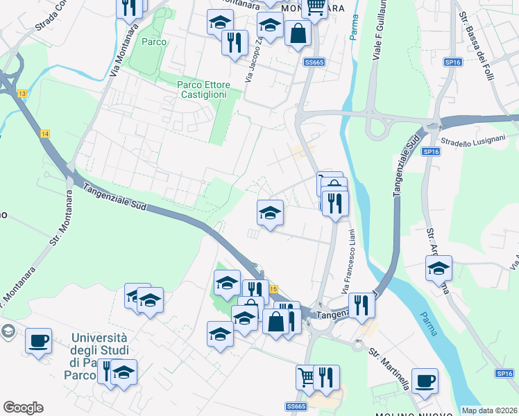 map of restaurants, bars, coffee shops, grocery stores, and more near 25 Via Filippo Brunelleschi in Parma